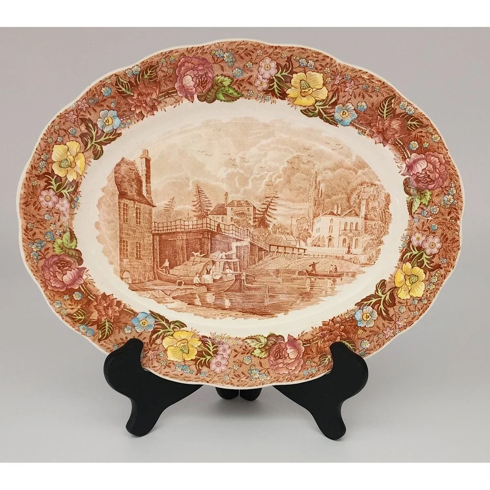 Palissy Oval Platter Thames River Scenes Datchet Bridge Bucks Brown Floral Multi